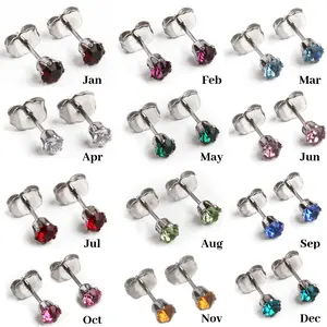 Cubic Zirconia Birthstone Earrings | 4mm Round | Stainless Steel Posts | 1 Pair