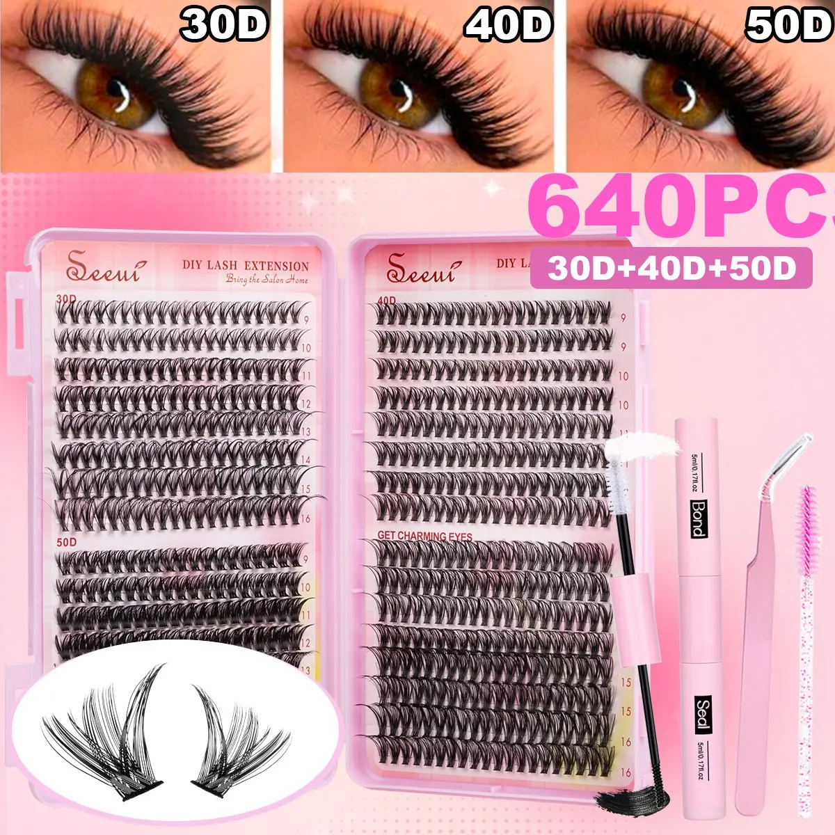 640pcs Eyelash Cluster Set, DIY Eyelash Extensions, DIY Mixed Length Lashes, 9-16mm, 30D40D50D, Long Lasting, Soft Curled, with Bond&Seal&Eyelash Tweezers&Brush, Self-Adhesive Curled Eyelashes, Beginner-Friend, Beginner Friendly Lashes