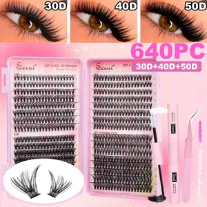 640pcs Eyelash Cluster Set, DIY Eyelash Extensions, Eyelash Extension, DIY Mixed Length Lashes, 9-16mm, 30D40D50D, Long Lasting, Soft Curled, with Bond&Seal&Eyelash Tweezers&Brush, Self-Adhesive Curled Eyelashes, Beginner-Friend