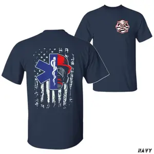 EMS Firefighter T-Shirt, Star of Life and Fire Helmet American Flag Graphic, First Responder Support Graphic Shirt for EMTs & Firemen, Gift for Rescue Workers