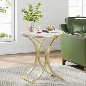 TRIBEWOOD White Gold Side Table Round End Table Modern Small Coffee Table Accent C Table Bedside Table Round Nightstand with Gold Metal Frame and Faux Marble Veneer Engineered Wood for Living Room