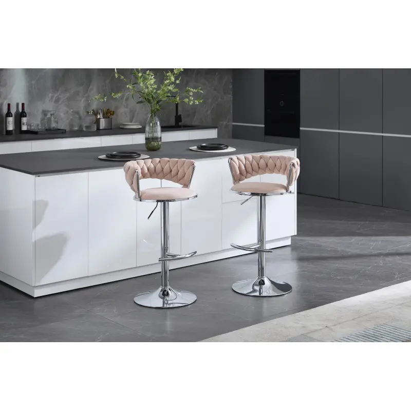 Pink Padded Sturdy Metal Bar Stools (Set of 2) - Chrome Base, Chrome Footrest, 360-Degree Swivel, Height-Adjustable Mechanical Lifting, Velvet Upholstery, for Kitchen Islands, Rolling Compatibility