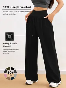 Women's High Elasticity Loose Wide Leg Pants, Breathable Yoga Casual Running Fitness Straight Leg Long Pants with Pockets, Knitted Sports Pants