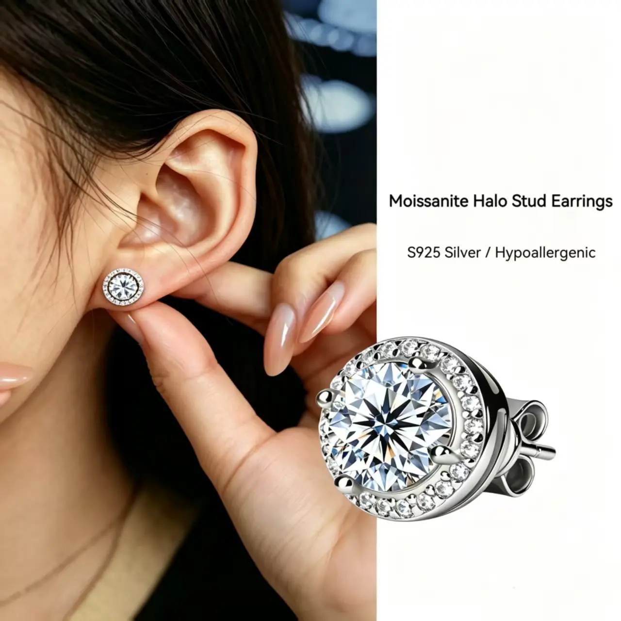 Women's S925 Sterling Silver Halo Stud Earrings, Sparkling Round Cubic Zirconia, Hypoallergenic for Casual Wear & Weddings, Anniversary Birthday Gift with Dual Ear Backs, Christmas, Artificial Diamond Earrings, Circular Shape Earrings