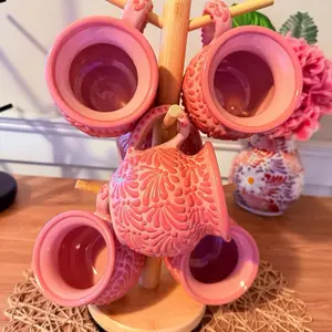 Talavera Original Pink Jarrito Mug 11oz or Chocolatera mug 8 oz  with Spinning Mug Tree 7 Pieces Handcrafted Ceramic Drinkware Set Made in Mexico kitchen home decor birthday gift for her Coffee Cup Handmade Reusable Washable