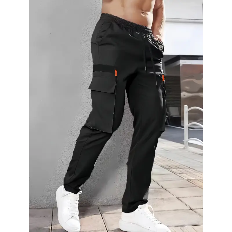 Men's Cuffed Cargo Pants With Flap Pockets In Solid Color, Breathable Comfy Pants For Outdoor Activity