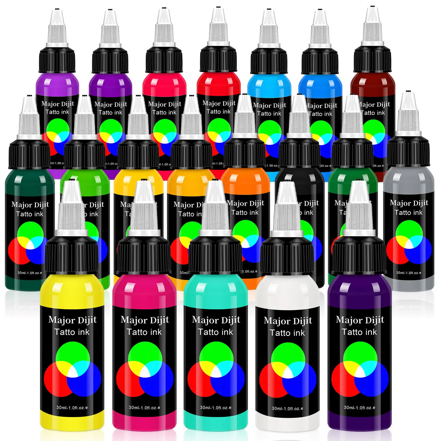 Professional Permanent Tattoo Ink Set - 20-Color Cosmetics Permanent Dye Liquid, 1 oz (30ml) Bottles for Body & Arts Tattooing (Pack of 20), Body And Art Tattooing, Tattoo Ink Kit