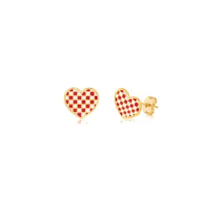 Red Checkered Yellow Gold Plated Girl's Stud Earrings Earth2Jane