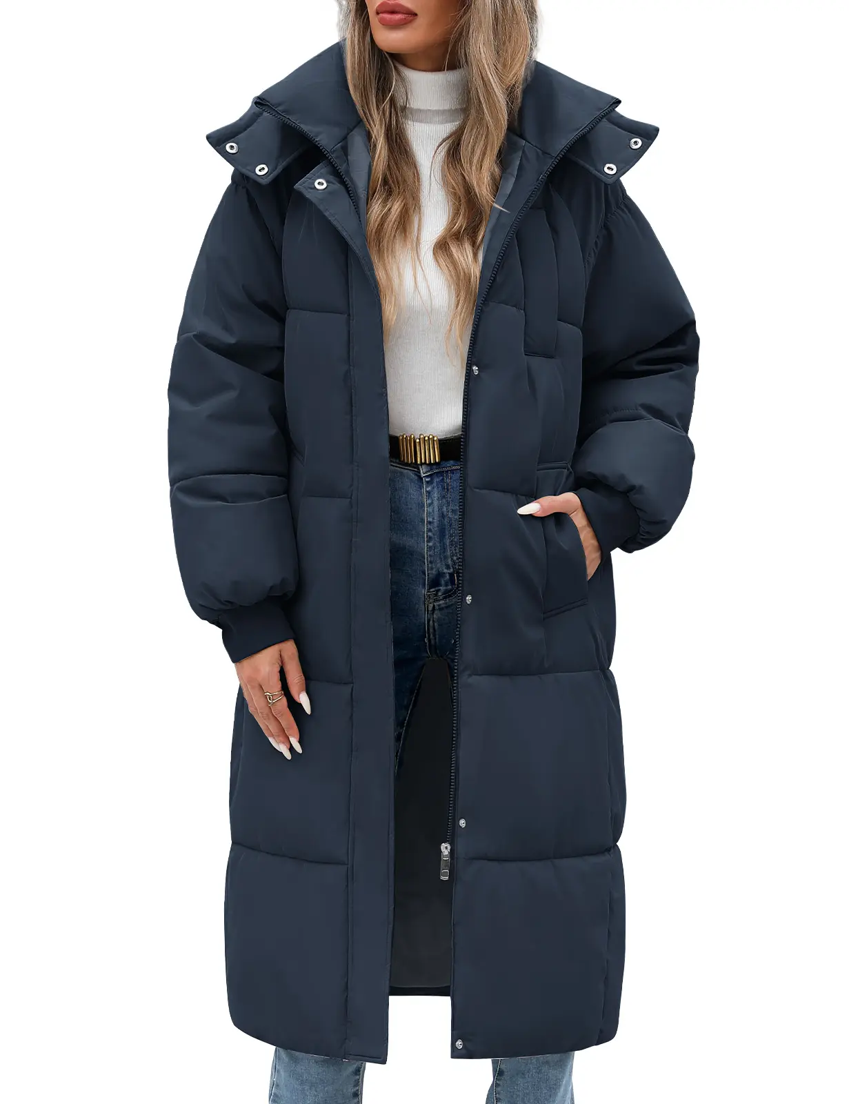 HEEKPEK Women's Long Padded Quilted Hooded Zip-Up Parka - Winter Thick Warm Long-Sleeve Outerwear with Pockets, Fitted Minimalist Casual Coat for Outdoor Activities