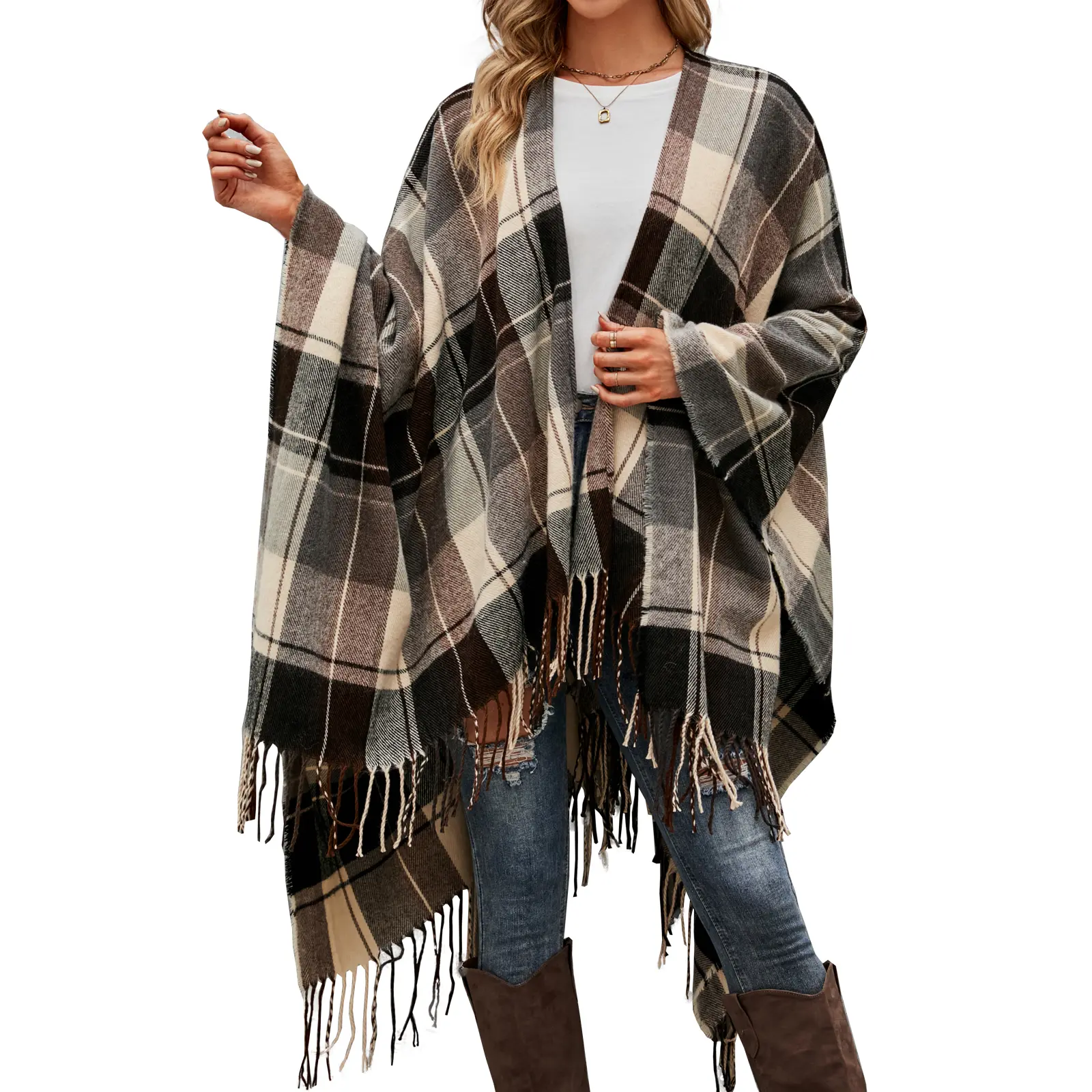 VIMPUNEC Women's Elegant Boho Knitwear Poncho Cape - Soft Buffalo Plaid Wool Blend Sleeveless Top with Tassels, Fits Women's Clothes Piece Womenswear, Bohemian, Lady