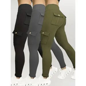 3pcs Solid Color Hip Lift Yoga Tights With Pockets, Running Exercise Yoga Pants, High-waisted Women'S Yoga Pants