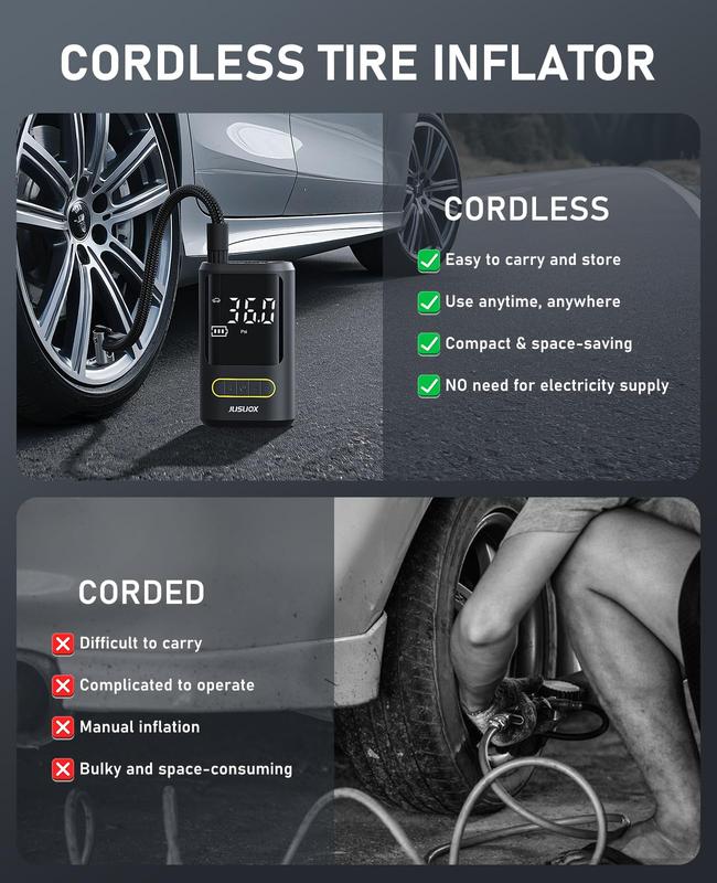 Easy Practical Tire Inflator Portable Air Compressor, 150 PSI Cordless Air Pump for Car Tires with Auto Shut-Off, LED Light and Digital Pressure Gauge, Electric Bike Tire Pump for Cars, Bike, Motorcycle, Ball (CE & FCC Certification)