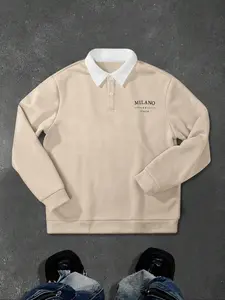 Men's Solid Color Half Button Fitted Polo Knit Hoodie, Casual Outdoor Pullover Sweatshirt, Fall Winter Fashion, Long Sleeve Drop Shoulder Design