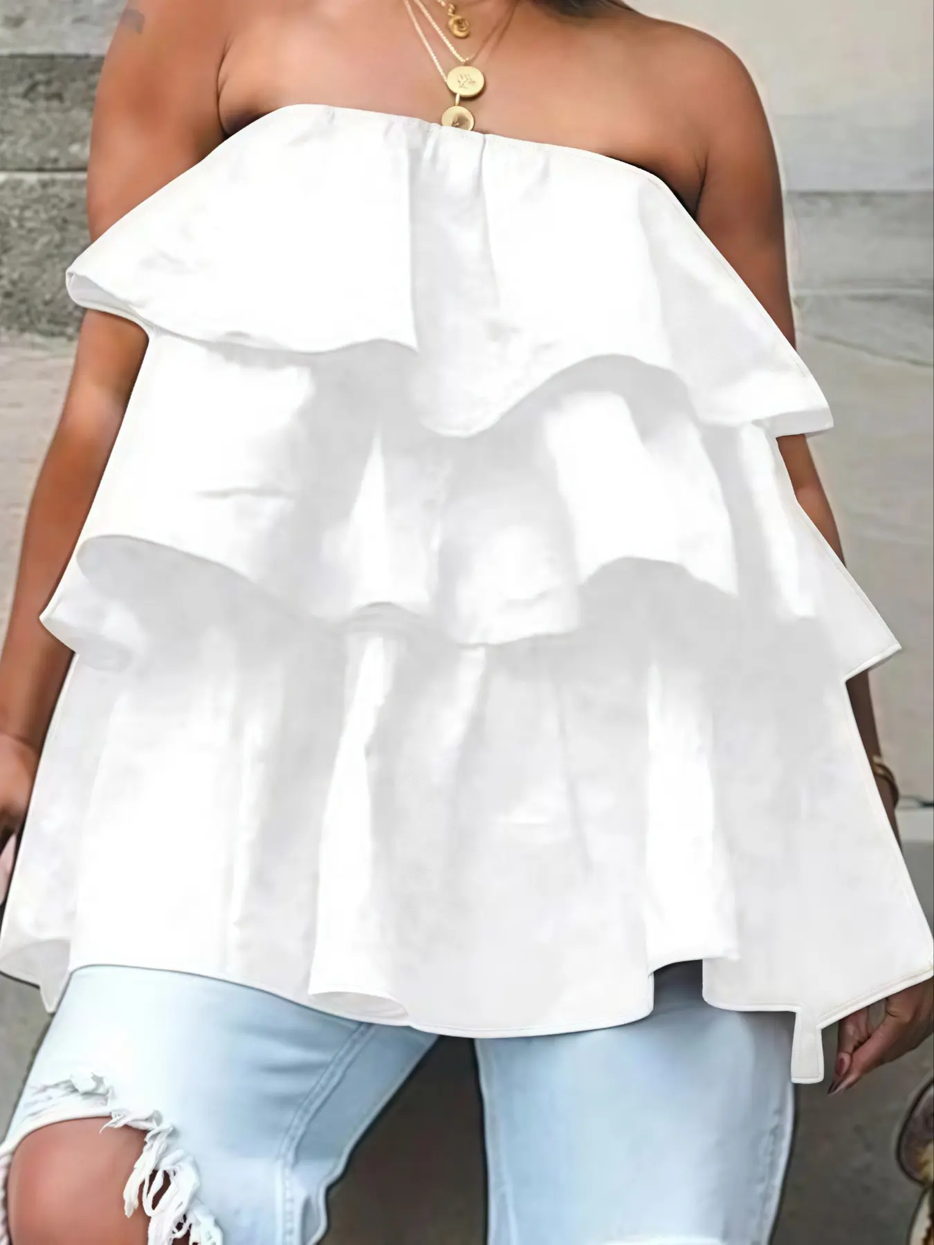 Women's Casual Loose Plain Layered Ruffle Strapless Braless Cami Tank Tube Top, Top for Summer, Ladies Clothes for Daily Wear, Womenswear