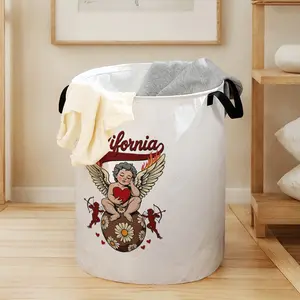 Valentine's Day Angel Print Laundry Basket with Handle, Durable Halloween Foldable Clothes Storage Basket, Large Capacity Toy Organizer