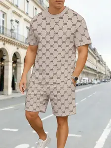 Men's Fashion Casual Sportswear Set, Athletic Fashion Activewear, Street Fit, Letter Combination 3D Print, Short Sleeve Tee, Drop Waist Track Shorts, Geometric Pattern, Athleisure Breathable Clothes