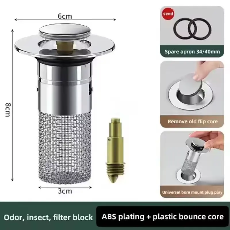 2026 New Stainless Steel Plastic Leak-Proof Washbasin Plug - Press-Type Sink Drain, Bullet-Shape Odor-Proof Design, Chemical-Free, Durable Universal Bathroom Drainage Pipe Accessory, Easy Installation for Daily Use (221a)