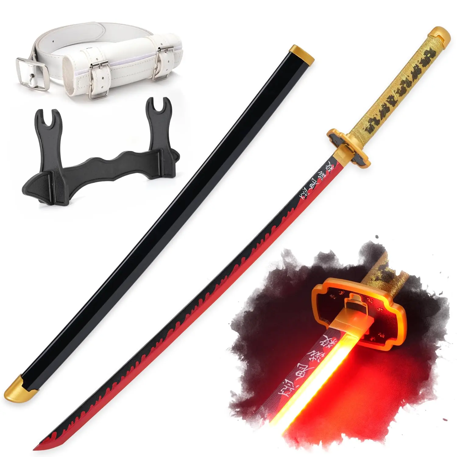 ELERVINO Demon Slayer Tsugikuni Yoriichi Anime LED Toy Sabre - 41in Plastic Dull Blade, White Belt, Holder Stand, Decor Items, Easy Handling Collectibles for Halloween Gift, Christmas Gift, Birthday Use