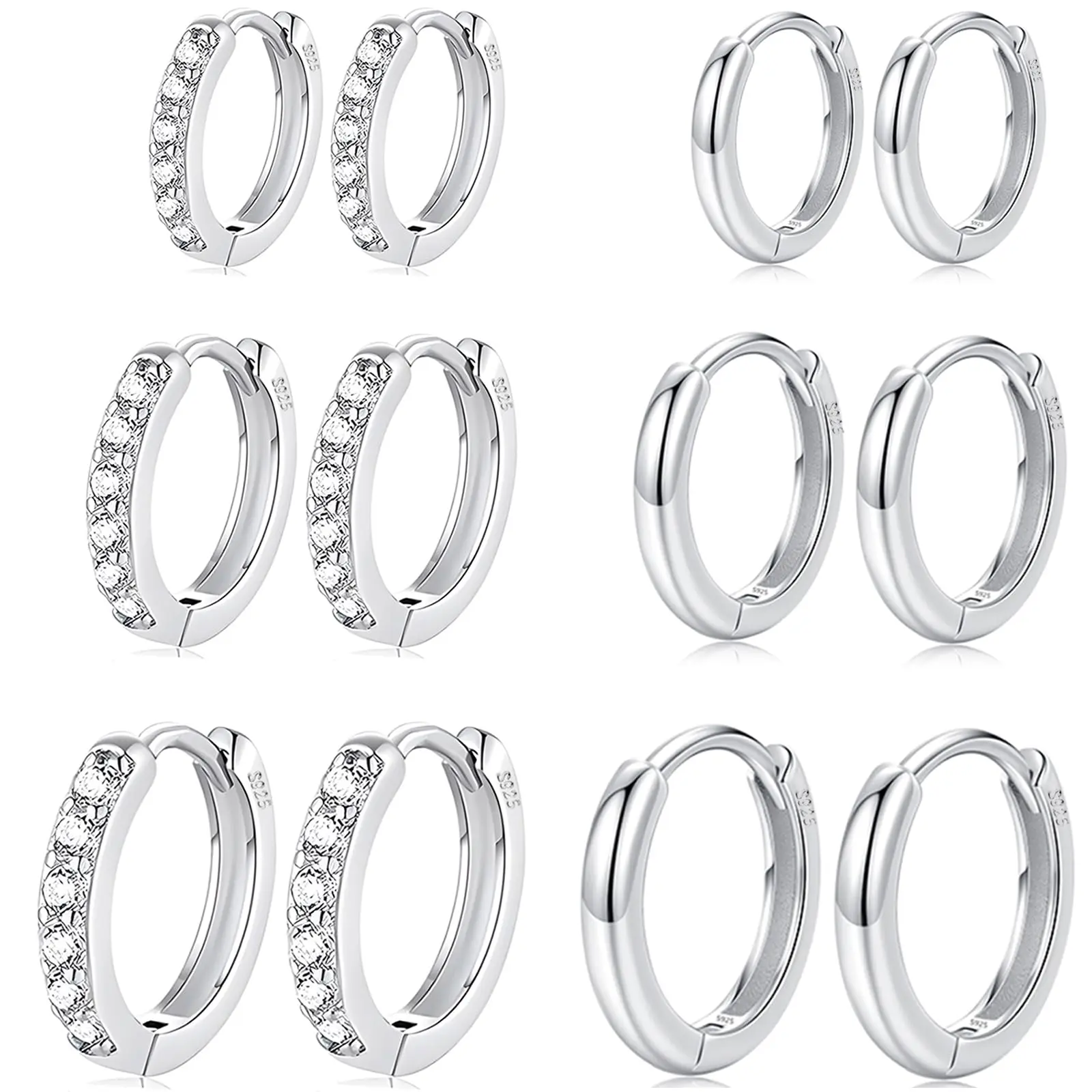 Huggie Hoop Earrings for Women, 6 Pairs Hypoallergenic Stainless Steel Set with Cubic Zirconia for Multiple Piercings, Mix and Match Sizes 8/10/12mm, Mix And Match Earrings, Stainless Steel Earrings