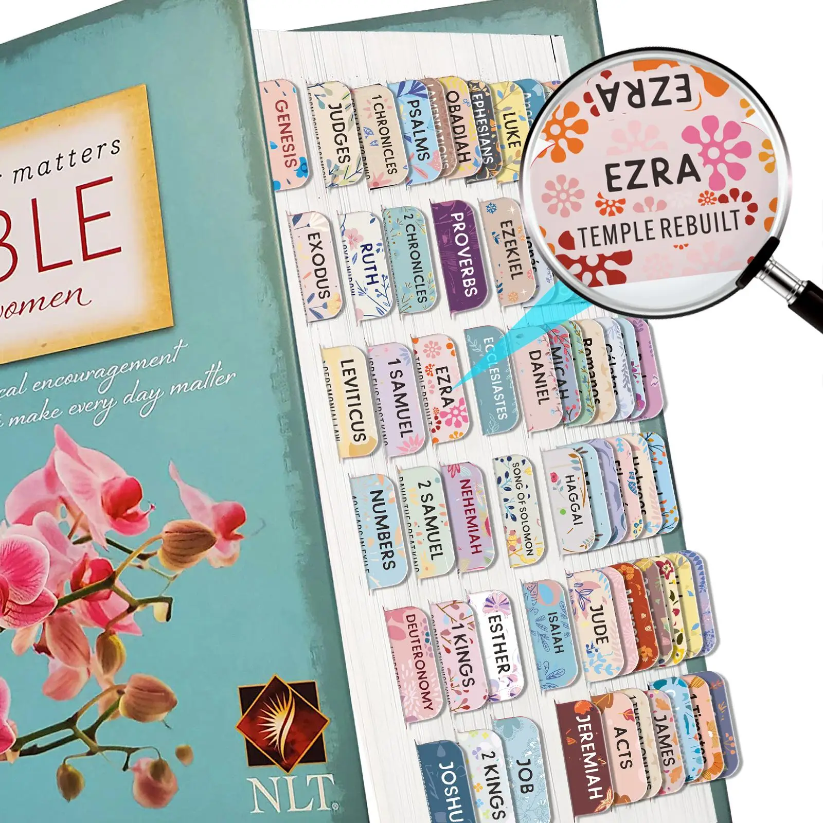 Bible Tabs, 5 Sheets/75pcs Pastel Bloom Bible Tabs, Peel-and-stick Laminated Bible Tabs, Bible Study Supplies, for Easy Navigation