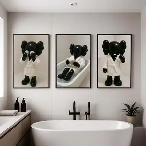 Set of 3 Black Kaws in Shower & Bathroom,POSTER PRINT UNFRAMED, Kaws Poster, HypeBeast Prints, Washroom Wall Art, Bathroom Decor