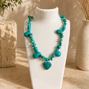 Turquoise Stone Heart Pendant Necklace – Natural Chunky Beaded Statement Piece