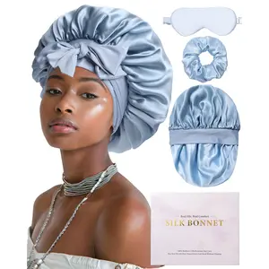 Mulberry Silk Bonnet Reversible for Sleeping Double Layer Adjustable Women Curly Hair Bonnet Hats Elastic Tie Band with Silk 1 Sleep Eye Mask and Silk 1 Hair Scrunchies