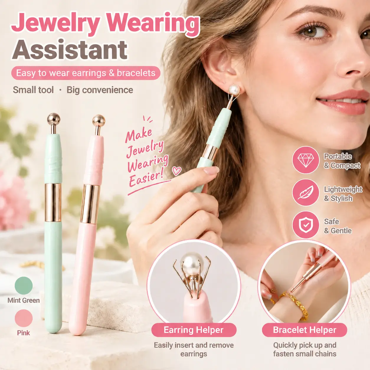 Jewelry helper tool, bracelet clasp aid & small jewelry grabber, portable bracelet assistant, for putting on necklaces, earrings, rings, cute and stylish design