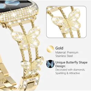 Bling Diamond Stainless Steel Butterfly Watch Band, Unisex Sports Wristband with Folding Buckle, Stylish Metal Bracelet for 38-49mm Series & SE Smart Watches, Tech Accessories, Men's Accessories