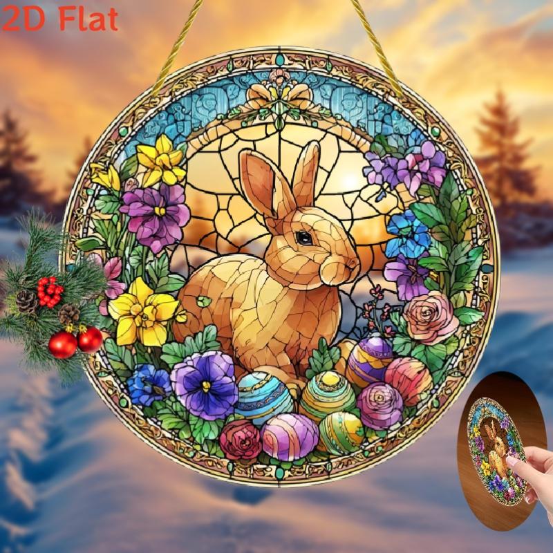 2D Flat, 1pc Bohemian Stained Glass-Style Easter Bunny & Floral Suncatcher Round Acrylic Window Hanging with & Tulip Patterns, Easter Decor, Garden Ornament, Housewarming Gift