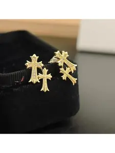 Gold Double Cross Stud Earrings for Women and Men Gold Plated Double Piercing Cross Earrings Lightweight Accessory Earring Studded Cross Earrings