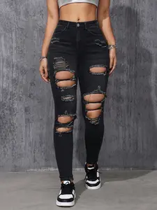 Women's Basic Plain Ripped Jeans Long Pants, Fashion Casual Daily Wear, All Seasons Women's Clothing, Fitted Style, Plain Pattern