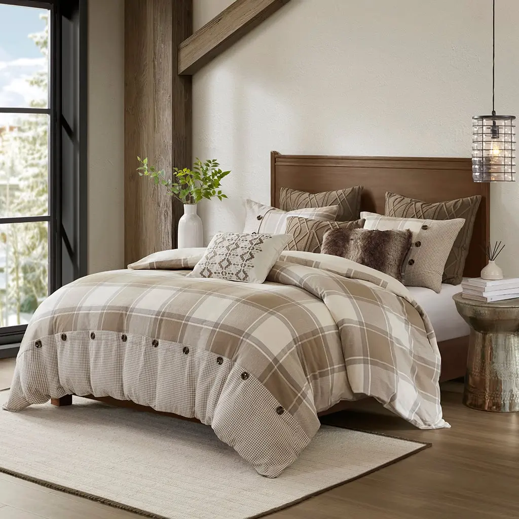 Madison Park Signature Queen Size Urban Cabin Cotton Jacquard Comforter Set - Acrylic-Synthetic Microfiber, Plaid, Neutral, Dustproof, Zipper Removable Covers, Dry Clean Only, 92x96x1.5 in., Bedding Sets Collections Decor, Microfibre