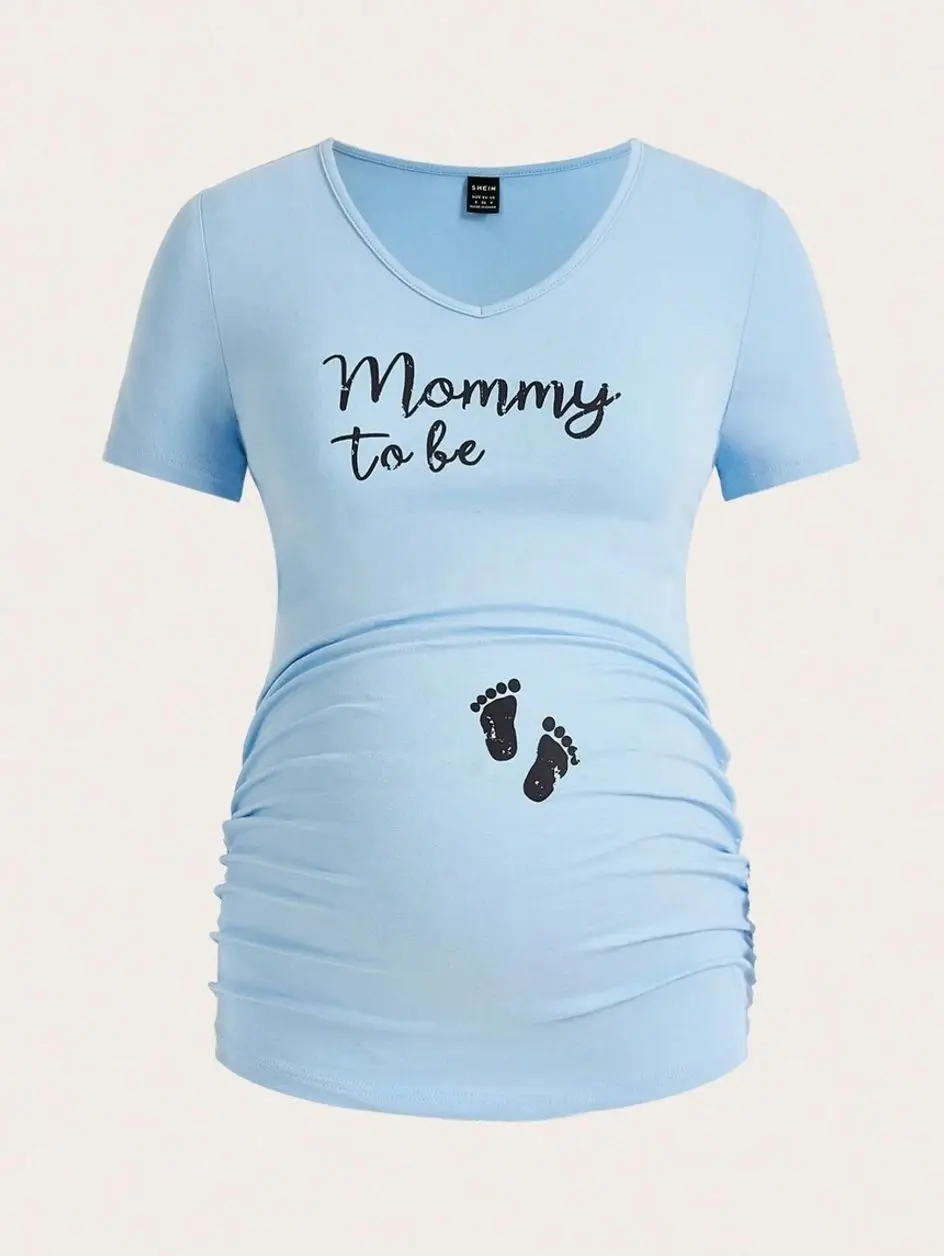 Maternity Letter Print T-Shirt, Gathered Short Sleeve Pregnancy Top, Cute Baby Shower Maternity Shirt