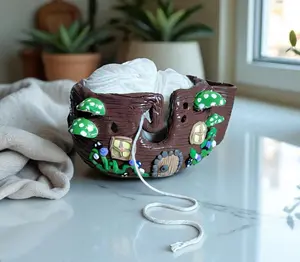 Handmade clay green mushroom toadstool forest yarn bowl / fairy garden house whimsical yarn bowl crochet knitting accessories tools