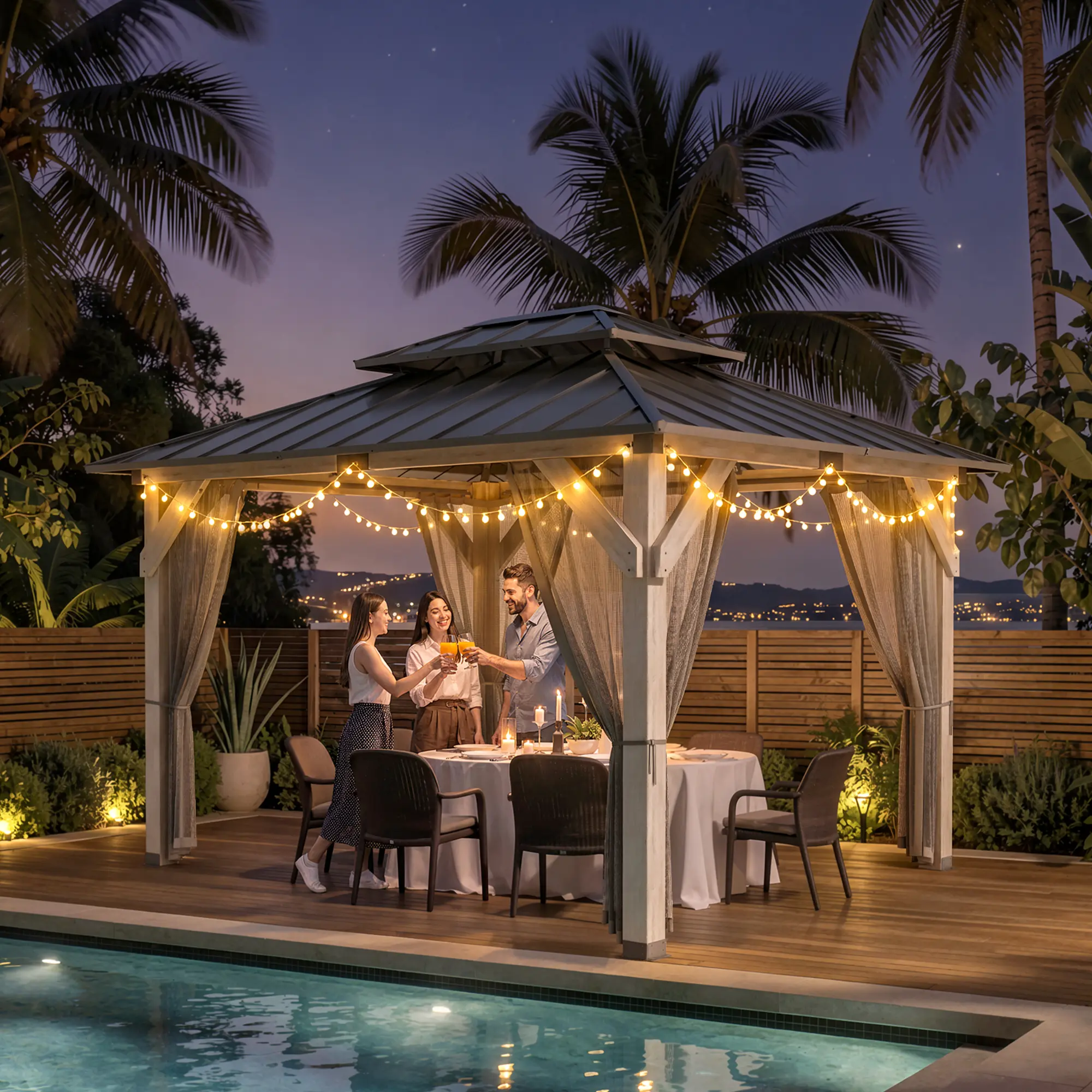 【Summerfinds】OVIOS 12' x 10' Hardtop Gazebo with Lights, Permanent Solid Wood Frame Gazebo with Galvanized Steel Double Roof, Curtains & Netting for Patio, Garden, Backyard & Poolside