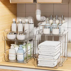 2-Tier Multi-Purpose Stackable Under Sink Organizers and Storage, Pull Out Organizer with Dividers, Clear 2 Pack for Bathroom Cabinet Kitchen Pantry Organization