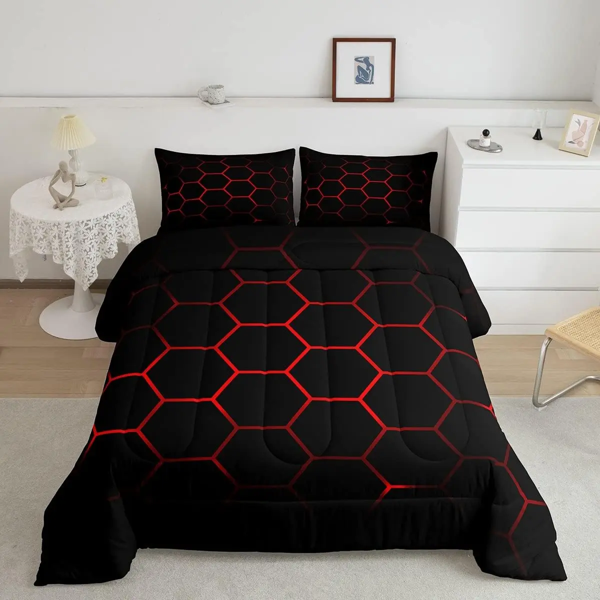 3D Hexagonal Grid Microfiber Comfy Geometric Bedding Set - Soft and Luxury, Breathable Quilt & Bedspread Set, Red-Black Modern Design, Multi-Size King/Queen, Machine Washable for Neon Decor Bedrooms