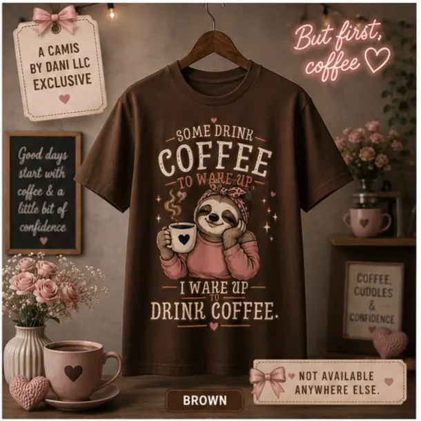 PRE-ORDER sloth wake up to drink coffee graphic tee Camis by Dani exclusive,Shirt Breathable Everyday Tshirt
