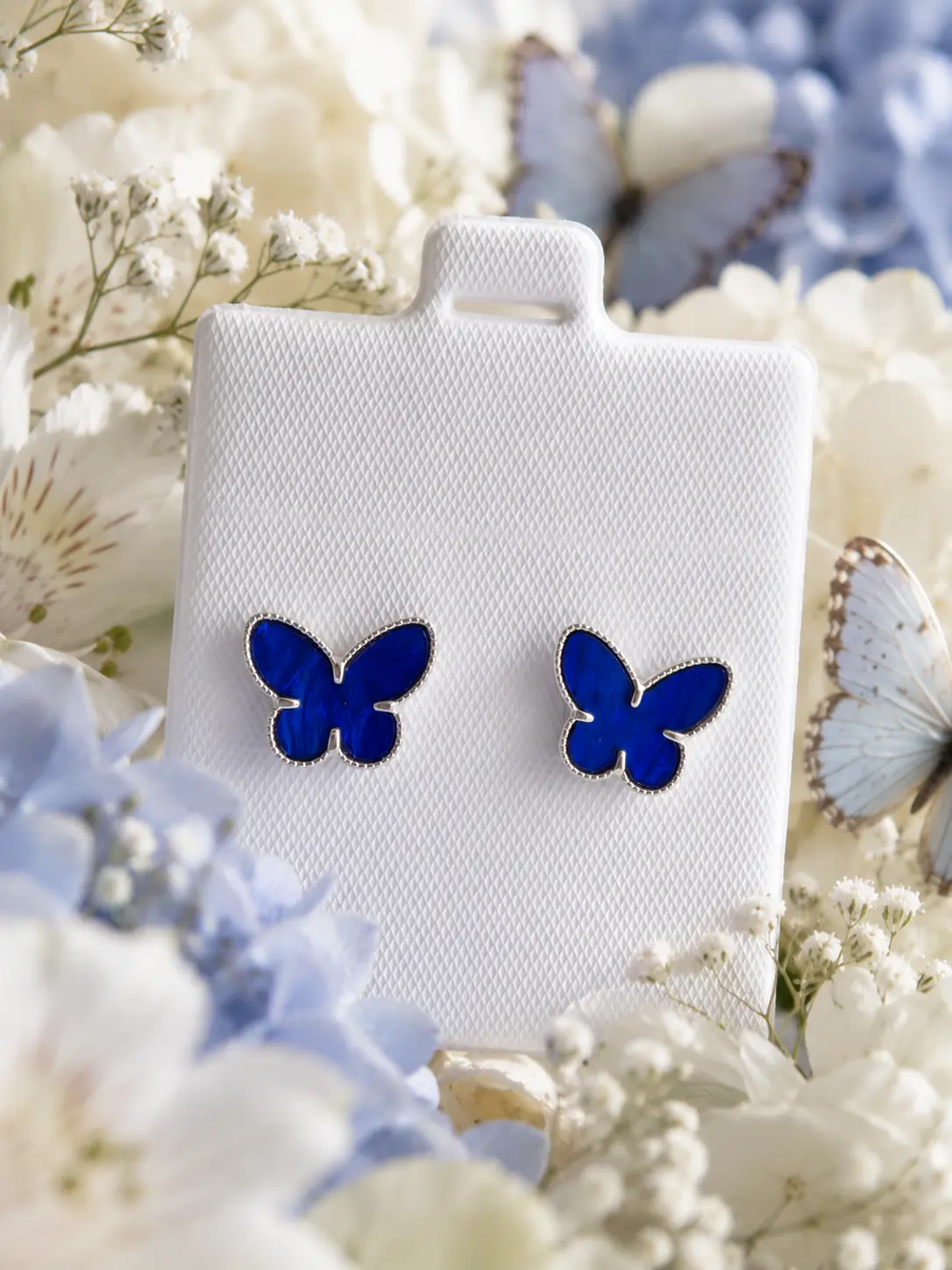 925 Sterling Silver Elegant Royal Blue Enamel Butterfly Ear Studs, High Quality Classic Silver Earrings