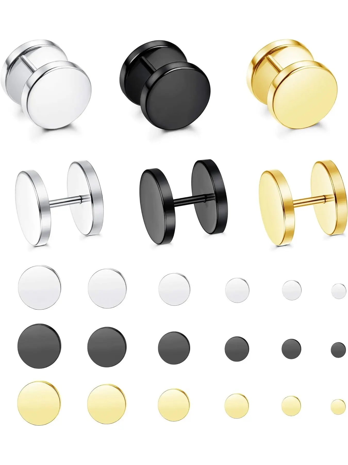 18 Pairs Stainless Steel Flat Circular Stud Earrings Flat Pierced Earring Set for Men Women Faux Gauges Ear Tunnel Piercing Screw Earrings Silver Black Gold-Tone 5-10mm Jewellery Ear Studs Earring Pack