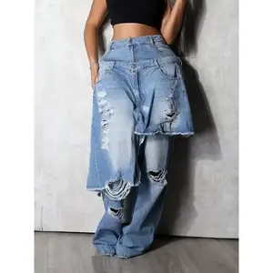 Women's Loose Fit High Street Patchwork Casual Pants, New Fashion Style, Hip-Hop Ripped Design, Long TrousersRagq