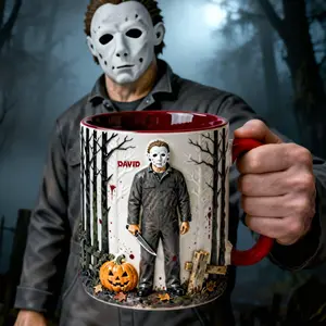 Scary Villain Accent Mug, Horror Villain Personalized Name Mug, Spooky Villain Coffee Cup – Custom Name Accent Mug, Horror Theme Ceramic Mug for Scary Movie Fans, Creepy Halloween Aesthetic Mug, Unique Gift for Horror Lovers