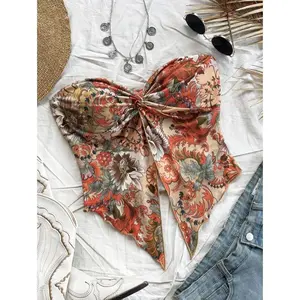 [Twist Side Slit Polyester Bandeau] Women'S Colorful Ethnic Style Floral Bandeau Top with Twist Side Slit and Irregular Hem, 100% Polyester Knit Fabric, Skinny Fit, All-Season, 170g/m² - No Chest Pad Casual Womenswear