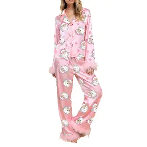 Women Feather Trim Pajama Set Long Sleeve Button Up Top Pants Fur Trim 2Pc Lounge Set Silky Satin Pjs Christmas Santa Claus Holiday Sleepwear
