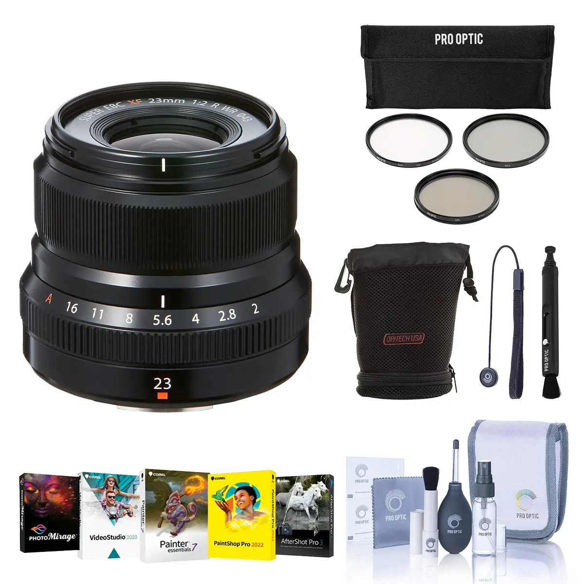 Fujifilm XF 23mm (35mm) F/2R WR Lens, Black - Bundle With 43mm Filter Kit, Lens Case, Cleaning Kit, Capleash, Lens Cleaner, Pc Sofrtware Package