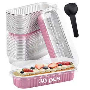 30 PCS Mini Cake Pans with Lids and Spoons,Mini Loaf Pans with Lids 6.8 oz, With individually wrapped spoons，Aluminum foil Baking containe
