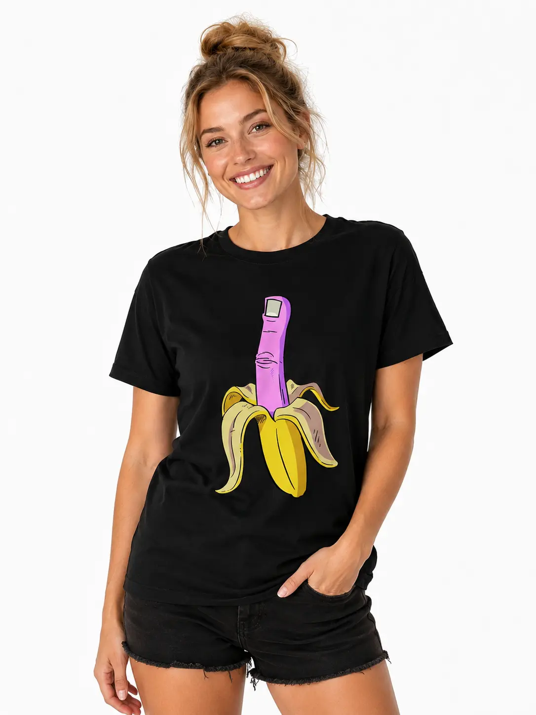Women's Short-Sleeve Funny Banana Graphic T-Shirt - Black Unisex Novelty Fruit Meme Tee, Casual Humor Outfit, Shortsleeve, Tshirt