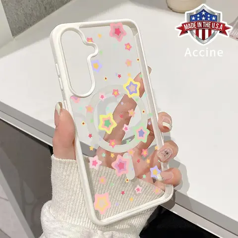 Magnetic Phone Case Compatible with Galaxy S26 S23 Ultra S24 Plus S25 Edge S22+ FE Pastel Star Magic Pattern Acrylic Back Soft TPU Edge Anti-Slip skin-friendly feel Hard Shell for Girl