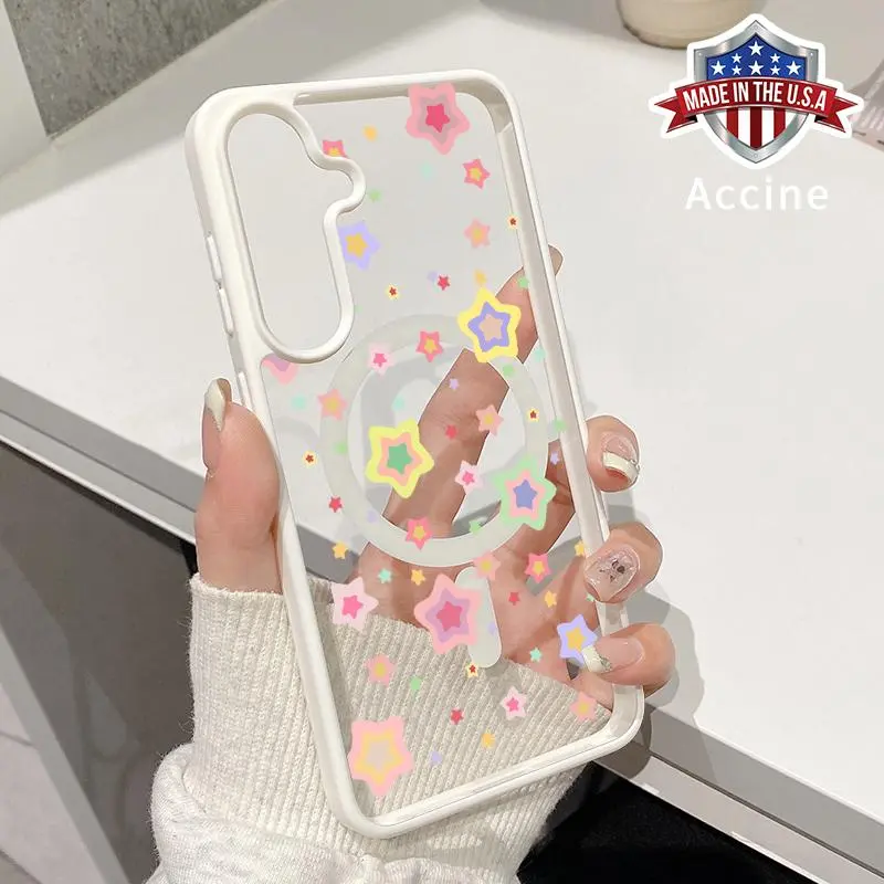 Magnetic Phone Case Compatible with Galaxy S26 S23 Ultra S24 Plus S25 Edge S22+ FE Pastel Star Magic Pattern Acrylic Back Soft TPU Edge Anti-Slip skin-friendly feel Hard Shell for Girl